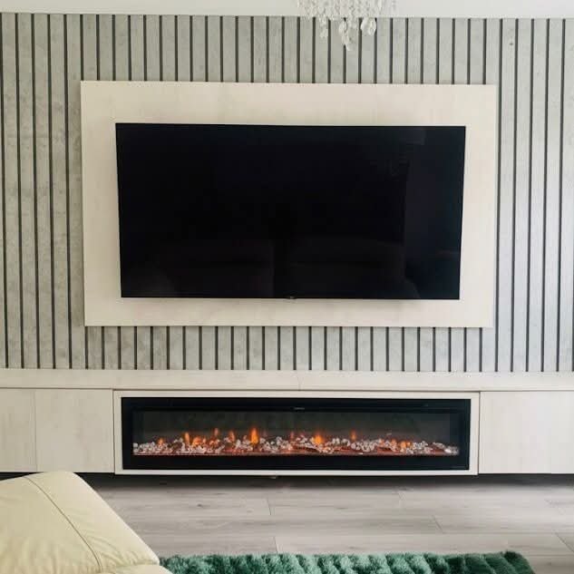 Close-up media wall feature with slim electric fire